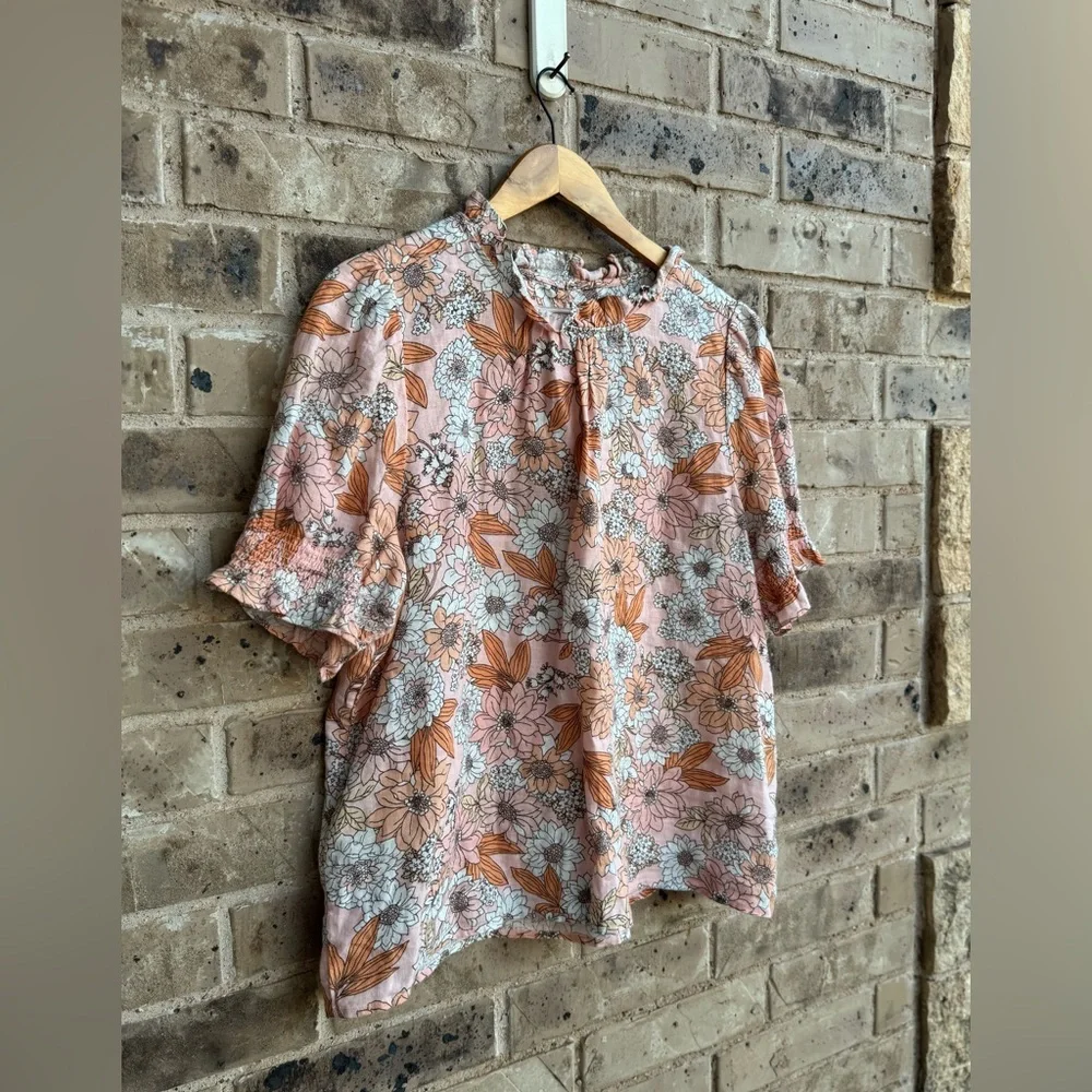 J. Crew Smocked puff-sleeve linen top in zinnia floral Size XL